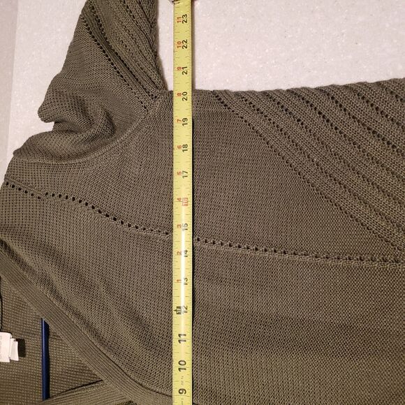 Chico's Size 3  Long Open Front Cardigan Olive Green Acrylic Classic - Picture 3 of 10